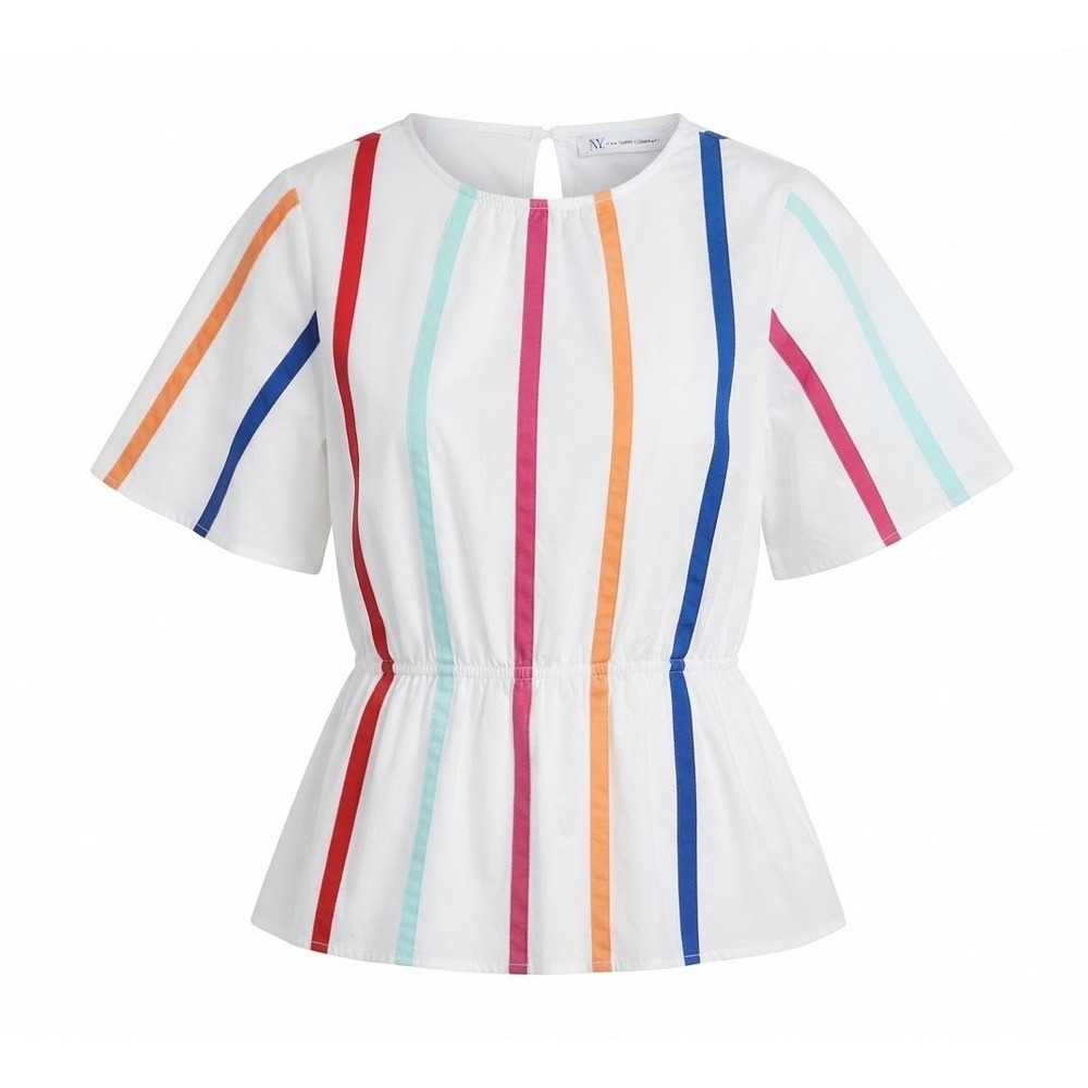 Blouse Women Large White Multicolor Stripe Peplum NWT